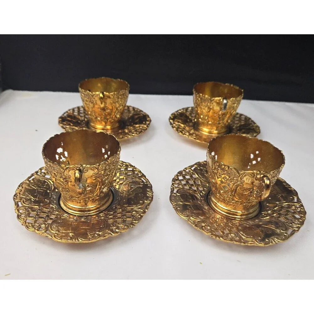 Gold Brass Gilded Plated Metal Demitasse Tea Set Cup Holder & Saucer Set of 4 - Picture 7 of 13